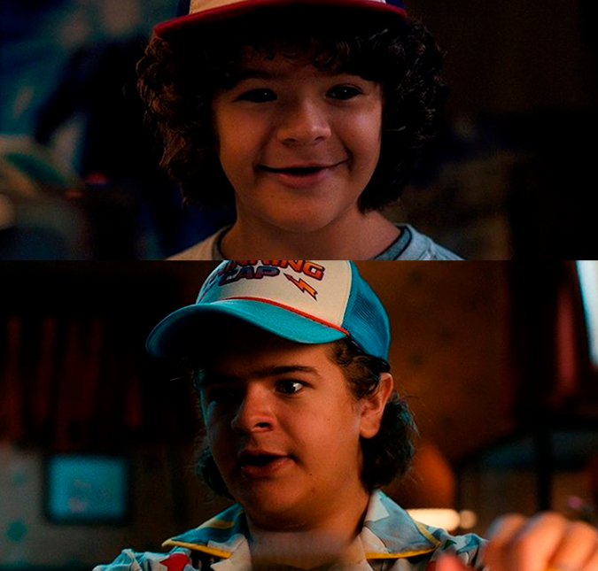 Gaten Matarazzo interpreta o Dustin Henderson. O ator cresceu bastante conforme o tempo passou, mas é outro que segue com a carinha de bebê, assim como o gosto do personagem por roupas esportivas e bonés. Gaten Matarazzo interpreta o Dustin Henderson. O ator cresceu bastante conforme o tempo passou, mas é outro que segue com a carinha de bebê, assim como o gosto do personagem por roupas esportivas e bonés.
