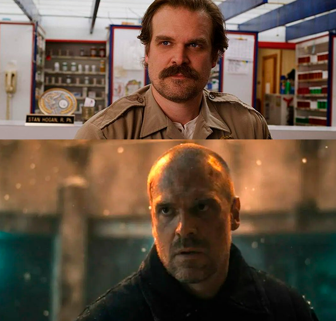 Jim Hopper é interpretado por David Harbour. O personagem se desenvolveu muito durante as quatro temporadas. Após diversos conflitos, missões, lutas e sumiços, o policial volta com os cabelos raspados e sem o icônico bigodão. Jim Hopper é interpretado por David Harbour. O personagem se desenvolveu muito durante as quatro temporadas. Após diversos conflitos, missões, lutas e sumiços, o policial volta com os cabelos raspados e sem o icônico bigodão.