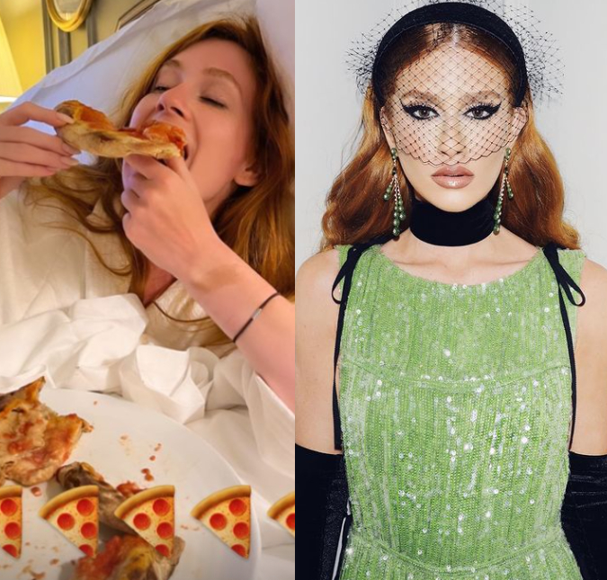 Marina Ruy Barbosa aparece deitada se deliciando com um pedaço de pizza