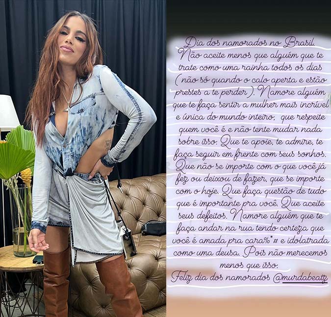 É namoro! Anitta faz <i>post</i> sobre Dia dos Namorados e marca Murda Beatz: <i>Não aceite menos que alguém que te trate como uma rainha</i>