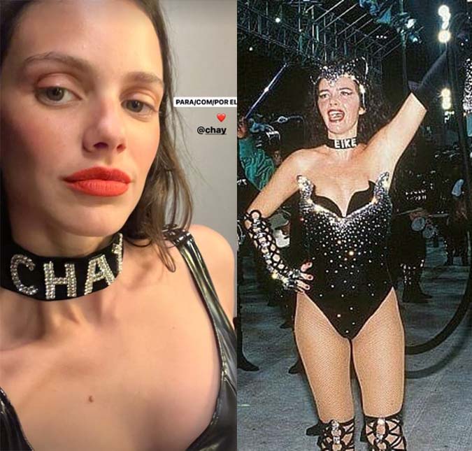 Laura Neiva se inspira em <i>look</i> de Luma de Oliveira e usa gargantilha contendo nome de Chay Suede