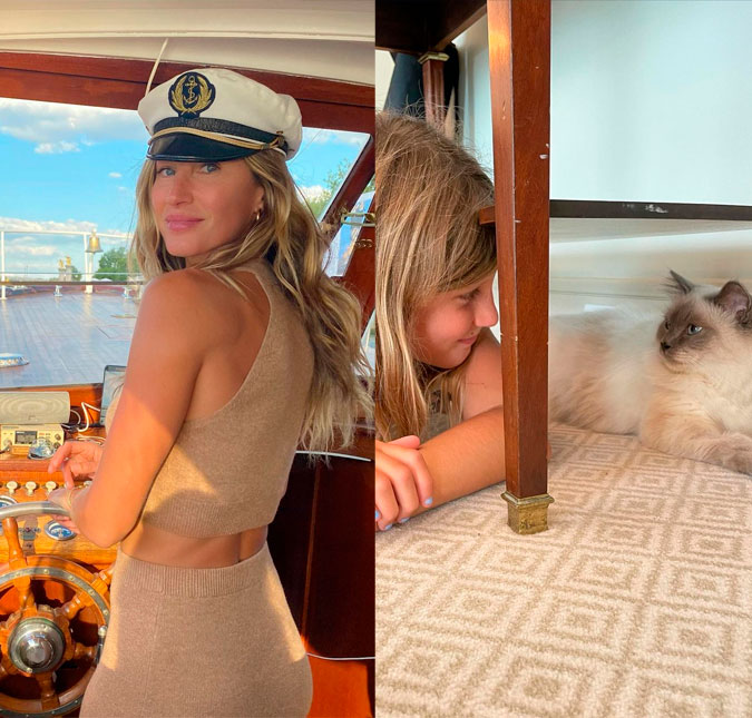 Gisele Bündchen mostra registro da filha brincando com gato que surgiu no quarto de hotel: <i>Que coisa mais fofa</i>