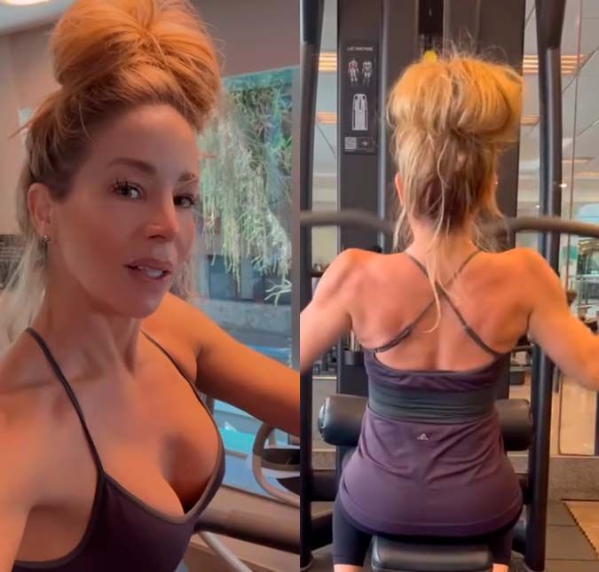 Mesmo com complicação na vida pessoal, a atriz mostrou o corpão durante o treino