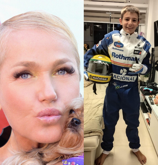 Xuxa presenteia filho de assessora com réplica do uniforme de Ayrton Senna