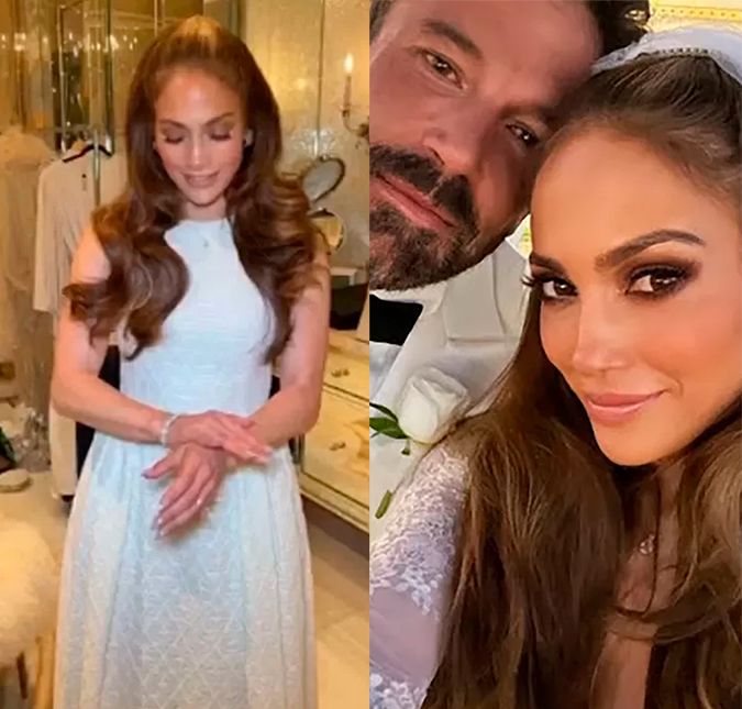Jennifer Lopez usou dois vestidos de noiva para trocar as alianças com Ben Affleck A atriz optou por um modelito de grife e outro de um antigo filme que já fazia parte de seu guarda roupa