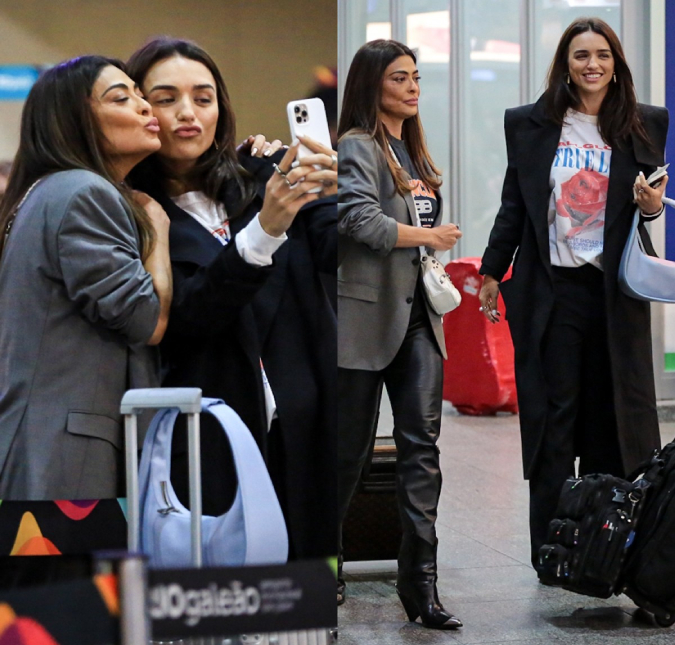 Juliana Paes e Rafa Kalimann se encontram no aeroporto antes de embarcar para semana de moda de Paris