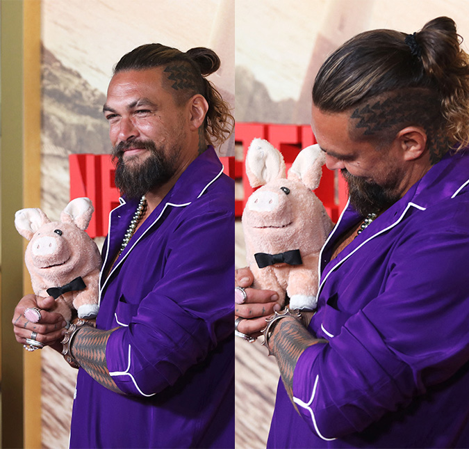 Jason Momoa surpreende ao usar pijama e levar um porquinho de pelúcia para o tapete vermelho de <i>Slumberland: O Reino dos Sonhos</i>