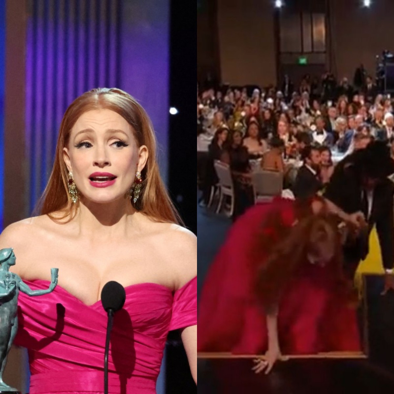 Uepa! Jessica Chastain se desequilibra e cai antes de receber prêmio no <i>SAG Awards</i> 2023