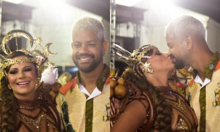 Viviane Araújo troca beijos com o marido antes de entrar na avenida com a Mancha Verde; veja os cliques!