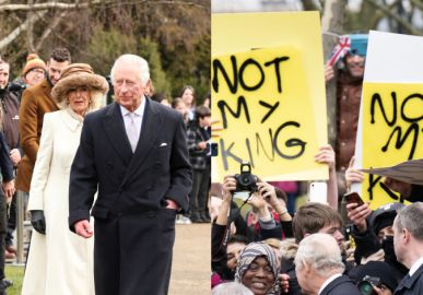 Rei Charles III e Camilla Parker Bowles são recebidos por manifestantes em visita no Reino Unido