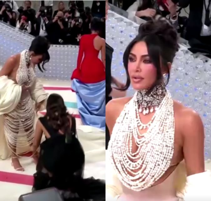 Kim Kardashian quase toma tombo após seu vestido de pérolas do <i>MET Gala</i> se desfazer