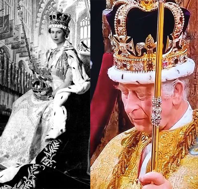 Rei Charles III usa a mesma coroa usada por sua mãe, a Rainha Elizabeth II, durante sua coroação em 1953; compare!
