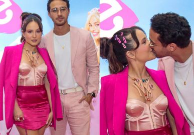 Larissa Manoela usa colar com pernas da <I>Barbie</i> em première do filme. Veja os famosos que passaram por lá