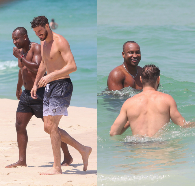 Thiaguinho e Bruninho curtem domingo de sol em praia no Rio de Janeiro