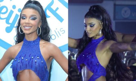 Brunna Gonçalves se joga no samba e arrasa com mini vestido azul na quadra da <i>Beija-Flor</i>