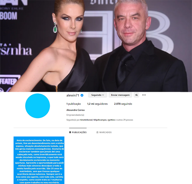 Após denúncia de agressão, Alexandre Correa tira todas as fotos das redes, deixando apenas comunicado sobre caso com Ana Hickmann