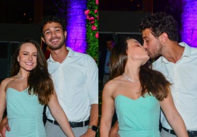 Recém-casados, Larissa Manoela e André Luiz Frambach trocam beijos em festa de casamento de Rodrigo Fagundes e Wendell Bendelack