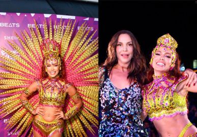 Equipada com uma belíssima fantasia dourada, Anitta recebe Ivete Sangalo em ensaio em Salvador