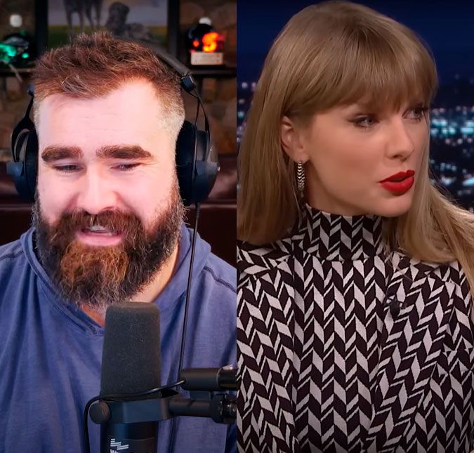 Irmão de Travis Kelce conta que, antes de encontrar Taylor Swift em jogo, sua esposa pediu que se comportasse Jason Kelce tirou a camisa enquanto assistia à partida, o que não agradou Kylie Kelce