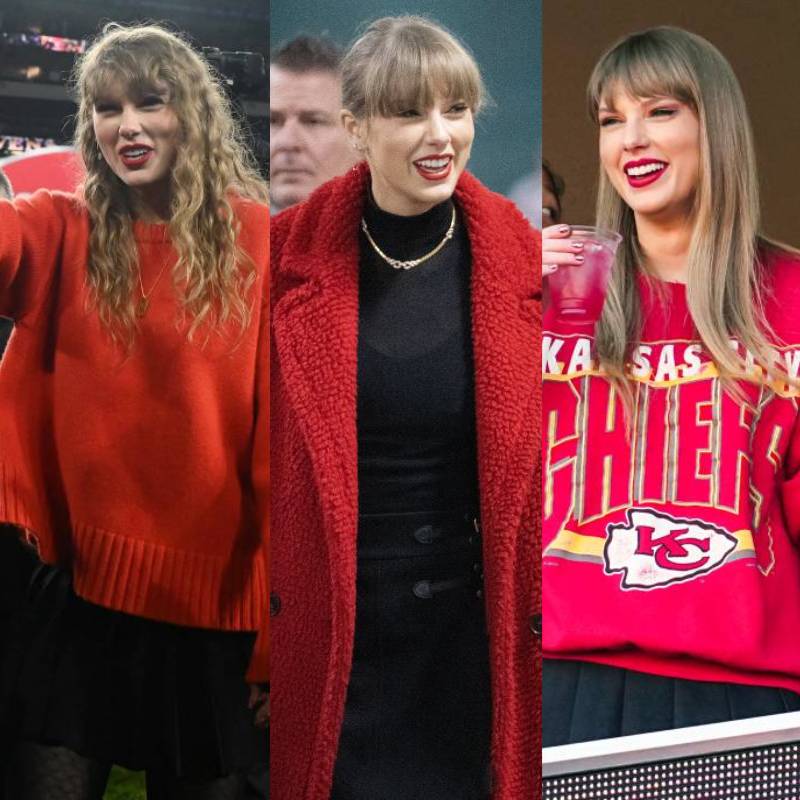 Batom vermelho, peças personalizadas e mais... Veja os <i>looks</i> usados por Taylor Swift para torcer por Travis Kelce