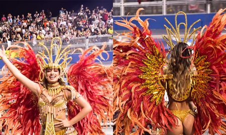 Julia Puzzuoli elege roupa vermelha com dourado para desfile da Dragões da Real; confira!