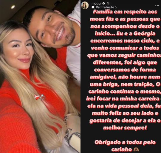 MC Gui anuncia fim do namoro com Georgia Azevedo: <I>Não houve briga, nem traição</i>. Veja os casais que se separam em 2024