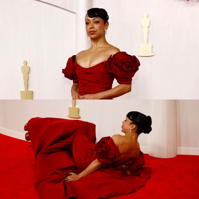 Comediante Liza Koshy tropeça no vestido e cai no tapete vermelho do <i>Oscar 2024</i>