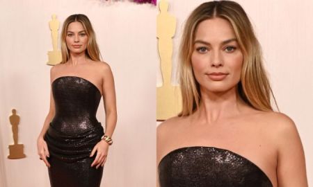 Margot Robbie deixa <i>pink</i> de lado e usa preto no tapete vermelho do <i>Oscar 2024</i>; veja!