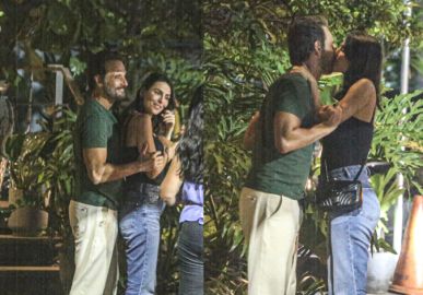Em rara aparição, Rodrigo Santoro e Mel Fronckowiak são vistos trocando beijos