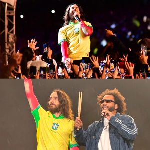 Jared Leto usa camiseta de Marcelo e chama jogador de futebol para tocar percussão no palco do <I>Lollapalooza 2024</i>