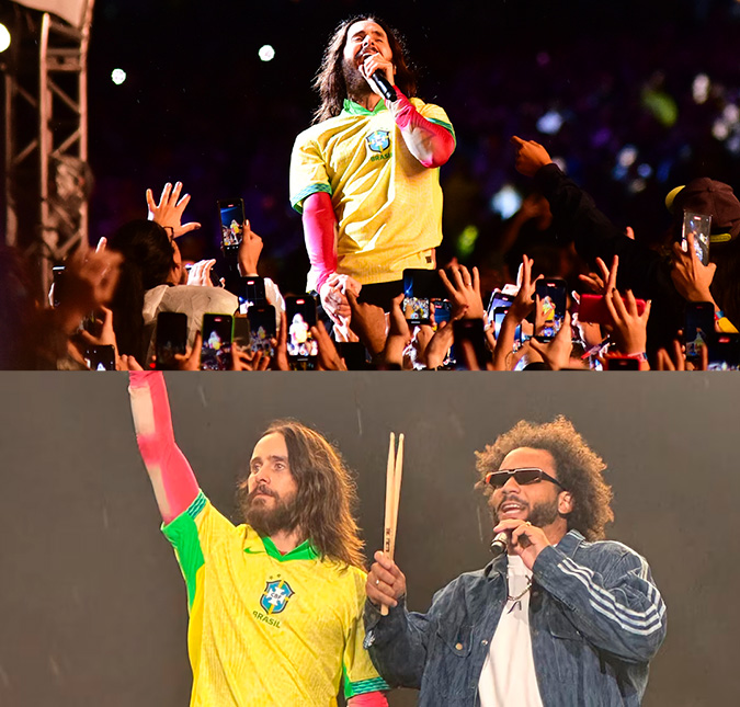 Jared Leto usa camiseta de Marcelo e chama jogador de futebol para tocar percussão no palco do <I>Lollapalooza 2024</i>