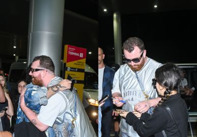 Sam Smith dá <I>show</I> de carisma durante embarque em aeroporto de São Paulo