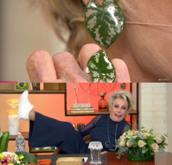 Ana Maria Braga exibe anel e brincos inspirados em Alane e joga a perna para cima no Mais Você A apresentadora fez uma pequena referência às marcas registradas da sister