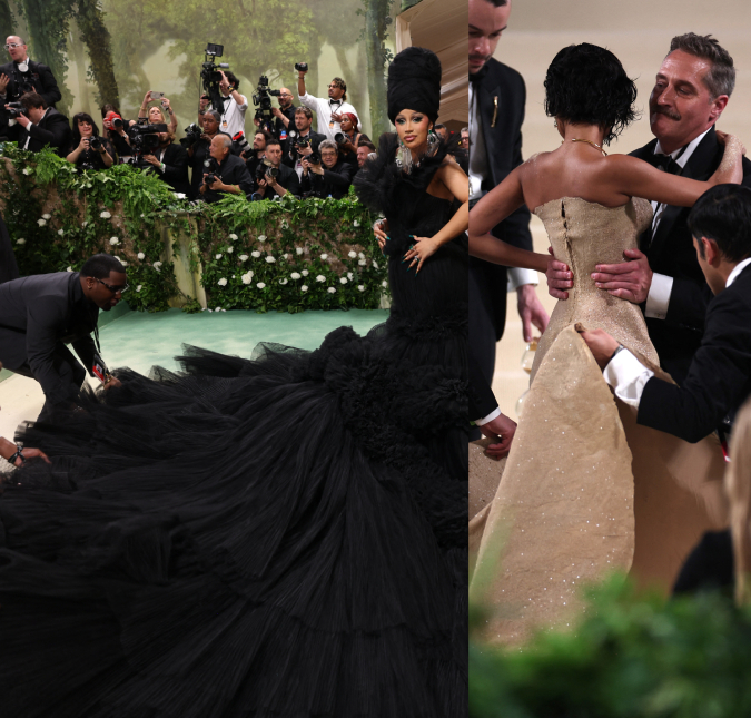 Vai uma ajudinha com o vestido aí? Veja as famosas que precisaram de auxílio para se locomover no <i>MET Gala 2024</i>