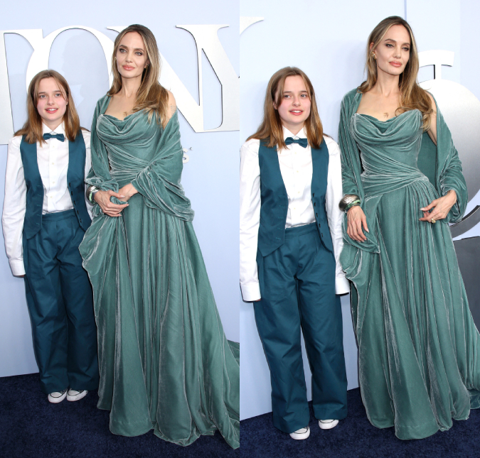 Com vestido de veludo, Angelina Jolie rouba a cena com a filha no <I>Tony Awards</i>