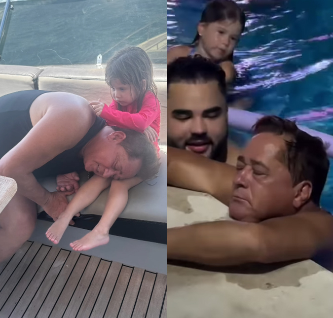 Em momento de lazer com a família, Leonardo recebe chamego da neta e dorme em piscina