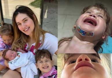 Que susto! Maria Alice, filha de Virginia Fonseca, escorrega na piscina e machuca o queixo - Estrelando