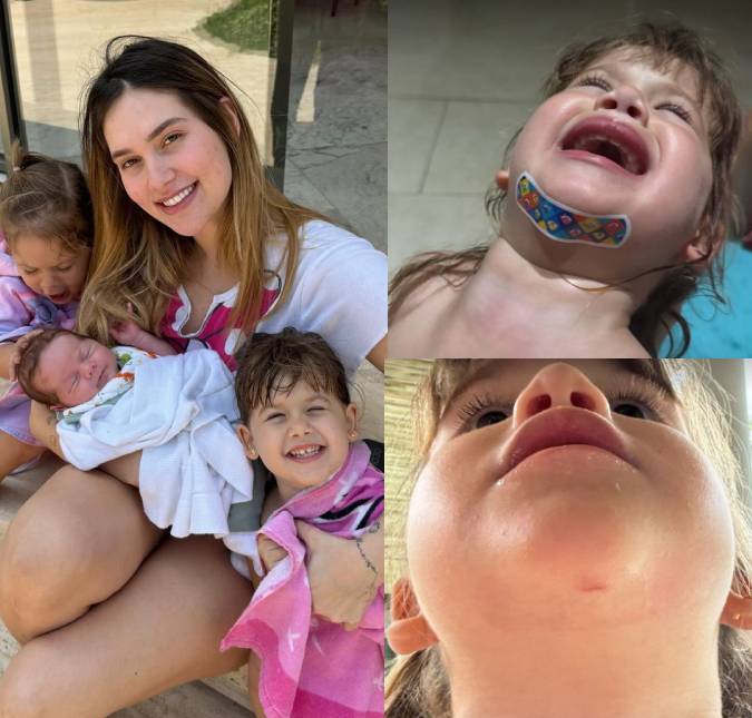 Que susto! Maria Alice, filha de Virginia Fonseca, escorrega na piscina e machuca o queixo