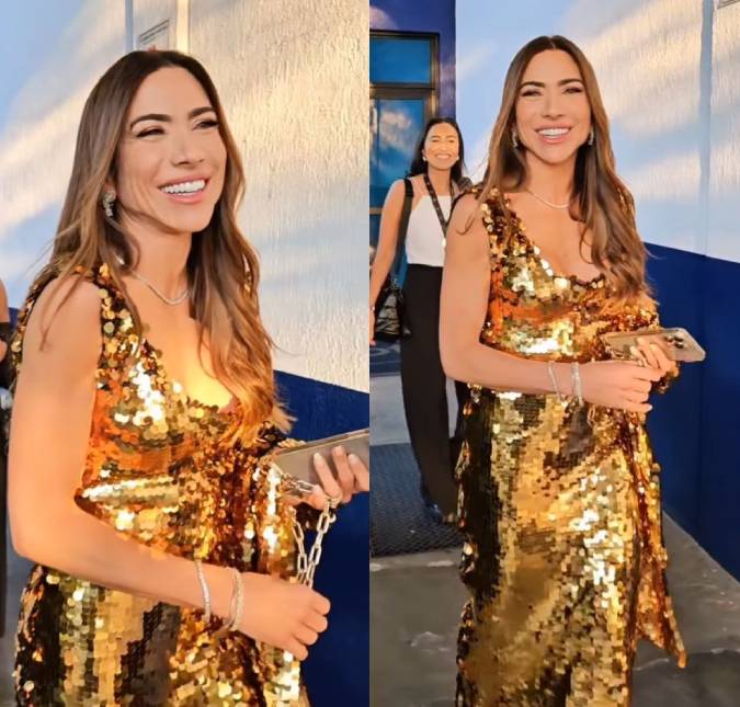 Patrícia Abravanel escolhe vestido dourado para gravação de especial de Natal e recebe comentário inusitado de Alexandre Pato