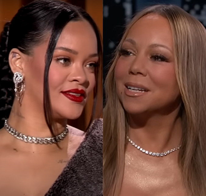 Ícones! Mariah Carey autografa peito de Rihanna durante encontro em <i>show</i>