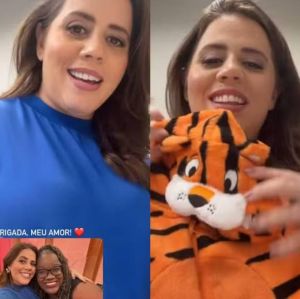 Grávida, Tati Machado mostra presentes que recebeu nos bastidores do <i>Encontro</i>