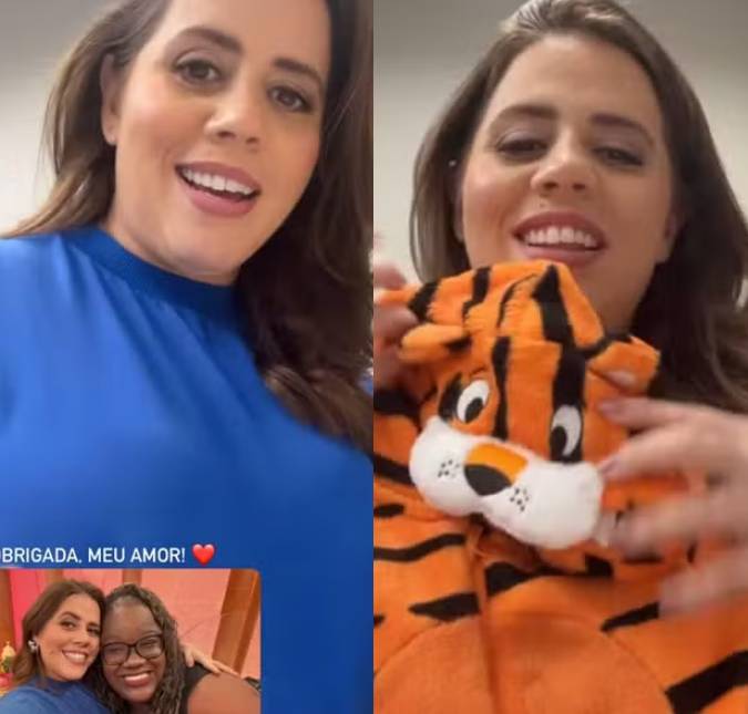 Grávida, Tati Machado mostra presentes que recebeu nos bastidores do <i>Encontro</i>