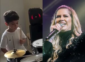 Léo, filho de Marília Mendonça, encanta ao tocar música da mãe durante aula de bateria: <i>O DNA dele não nega</i>