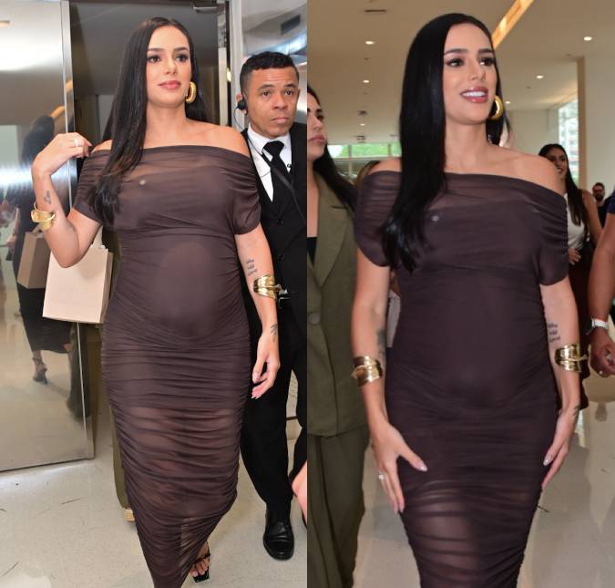 Bruna Biancardi exibe barrigão em evento no <i>Shopping JK Iguatemi</i>