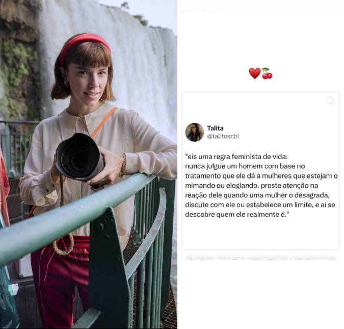 Alice Wegmann reposta texto sobre feminismo em meio a polêmicas nos bastidores de <i>Vale Tudo</i>