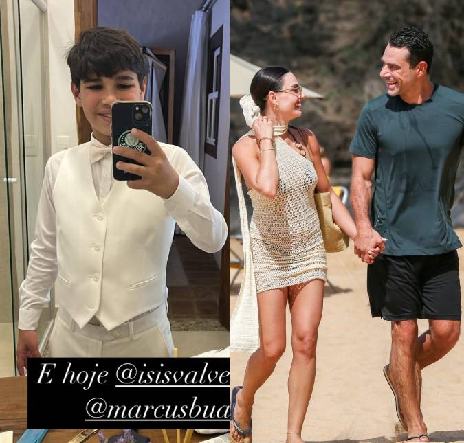 Filho de Marcus Buaiz compartilha clique empolgado para casamento do pai com Isis Valverde: <i>É hoje!</i>