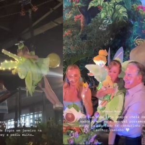 Vicky Justus chega voando para hora do parabéns em festa de aniversário