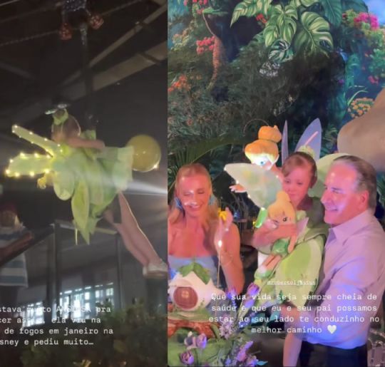Vicky Justus chega voando para hora do parabéns em festa de aniversário
