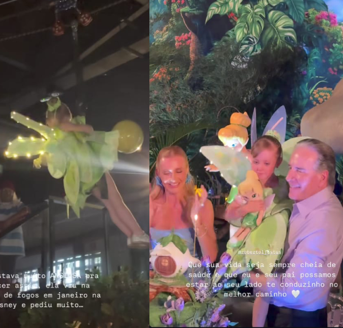 Vicky Justus chega voando para hora do parabéns em festa de aniversário