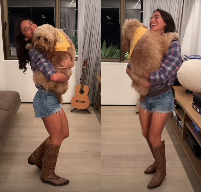 Durante festa junina, Bruna Marquezine dança forró com cachorra de Sasha Meneghel
